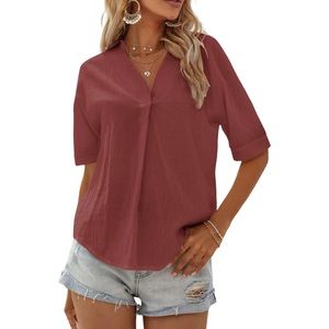 SHEIN Red/Pink Batwing Short Sleeve Collared Top Textured V-Neck Redwood NWOT
